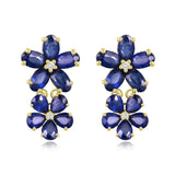 Nina Zhou Natural Royal Blue Sapphire Diamond Double Blossom Drop Earrings in 14k Gold
