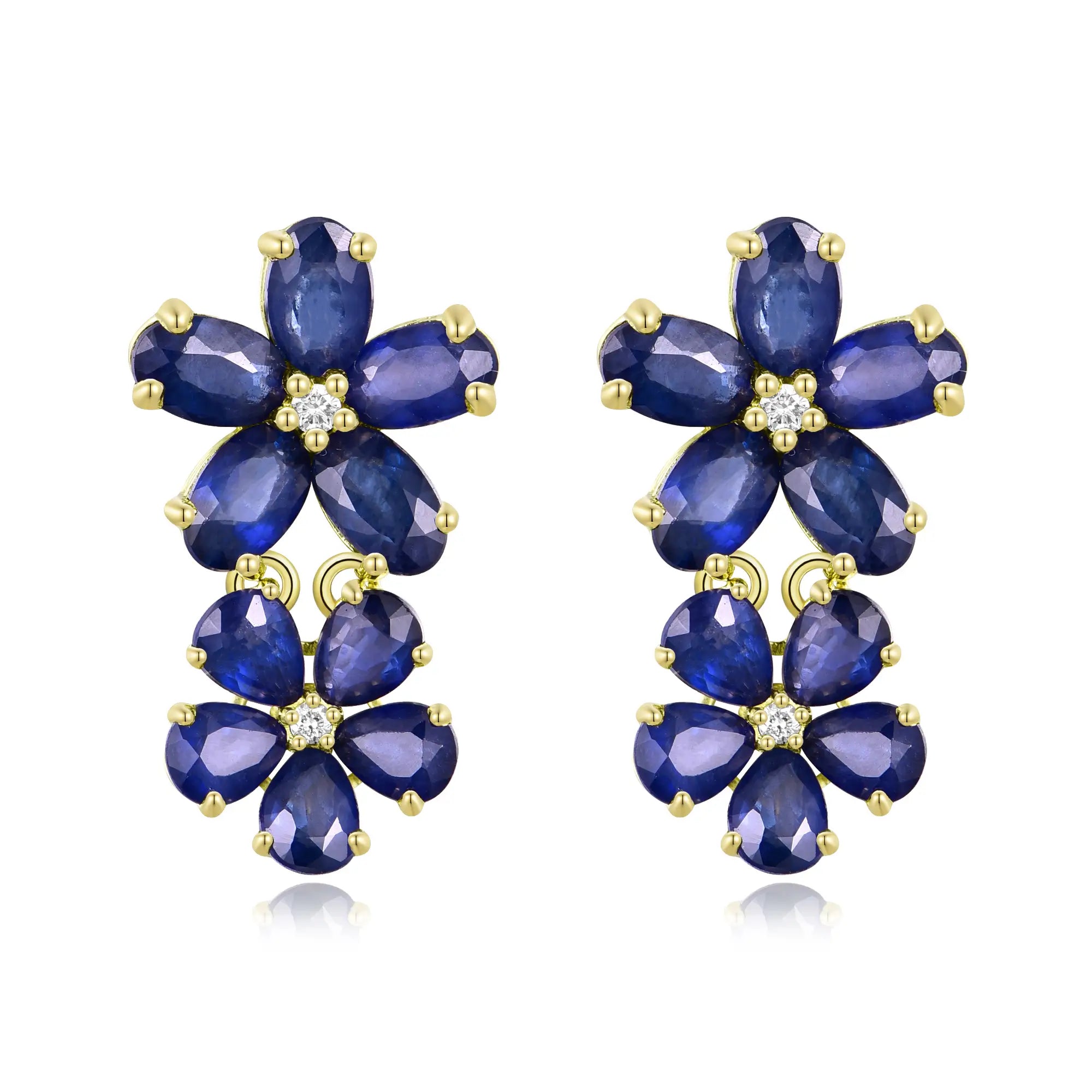 Nina Zhou Natural Royal Blue Sapphire Diamond Double Blossom Drop Earrings in 14k Gold