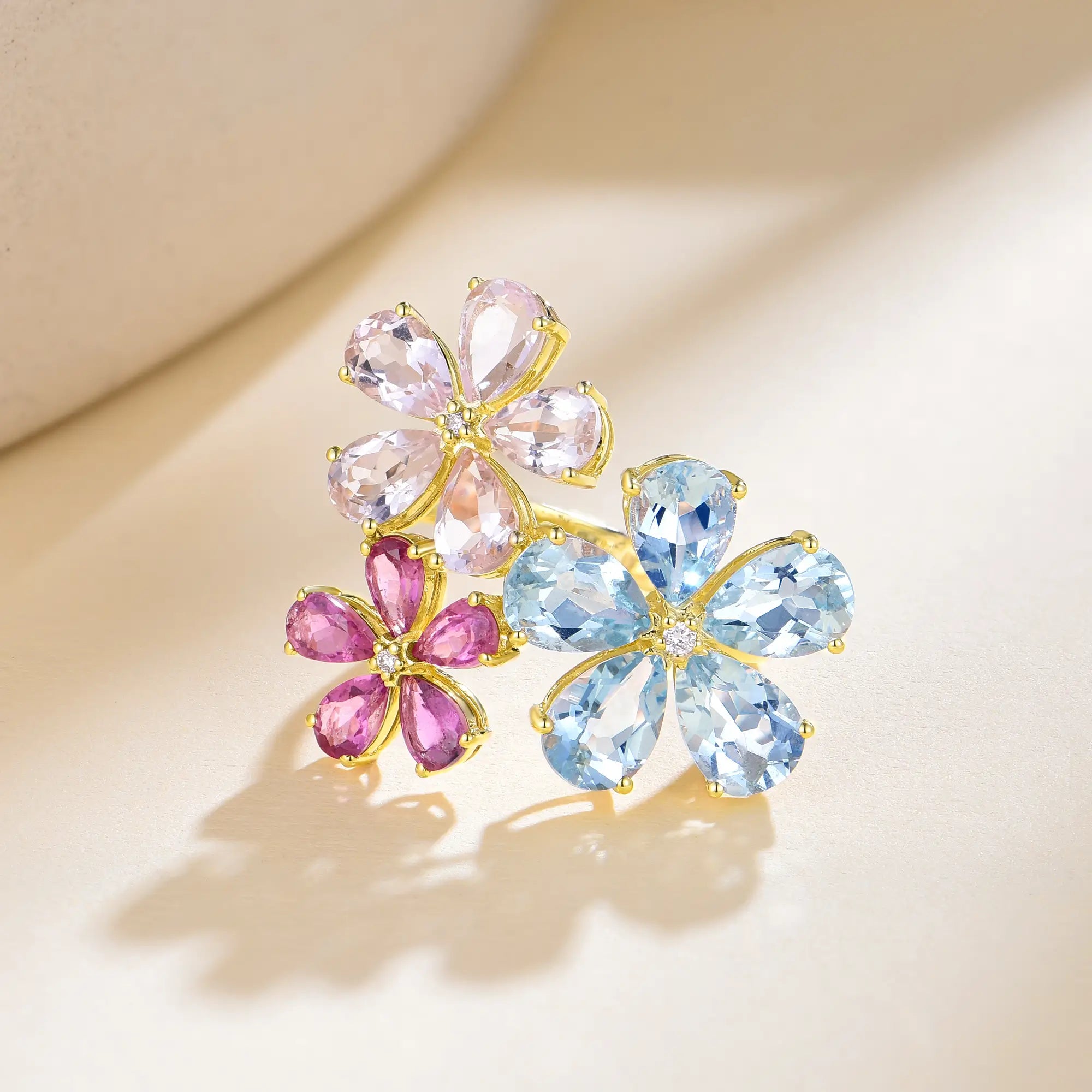 Natural Aquamarine, Morganite, Pink Tourmaline & Diamond Flower Blossom Cocktail Ring in 14k gold