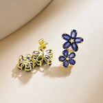 Nina Zhou Natural Royal Blue Sapphire Diamond Double Blossom Drop Earrings in 14k Gold