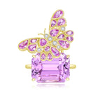 Nina Zhou Jewelry Natural Pink Sapphire Diamond Butterfly on Kunzite Ring in 14k yellow gold  (One Of A Kind)