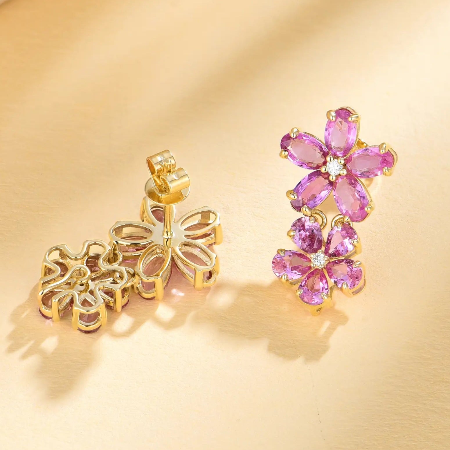 Natural Pink Sapphire Diamond Double Blossom Drop Earrings 14k yellow gold