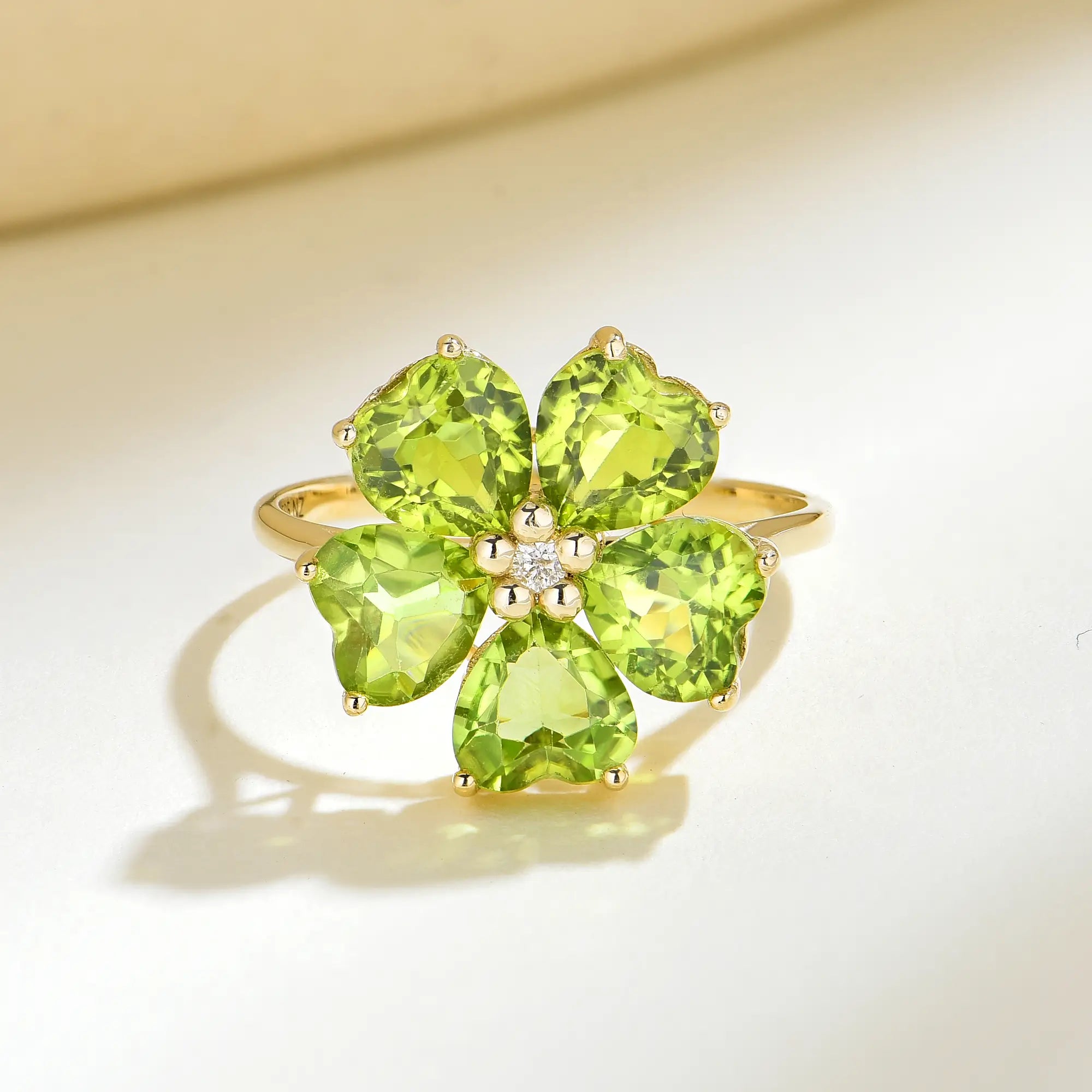 Natural Peridot Diamond Cherry Blossom Cocktail Ring 14k yellow gold