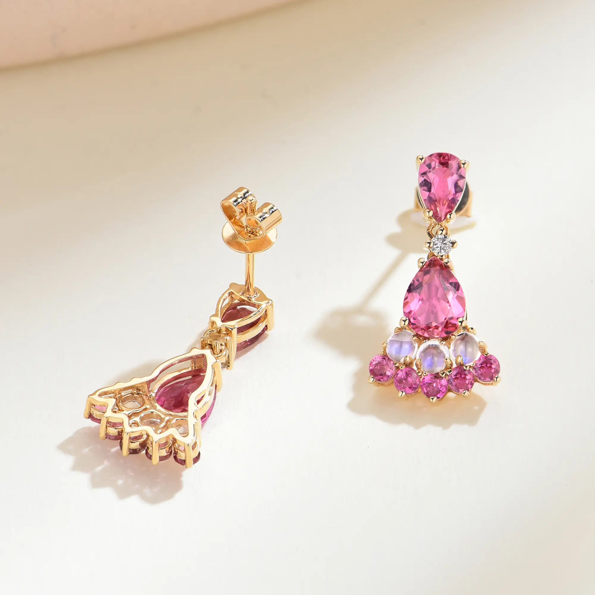 Natural Pink Tourmaline Moonstone Diamond Drop Earrings 14k yellow gold