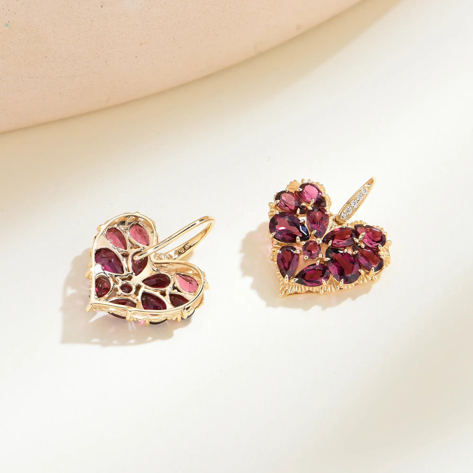 Fantasy Natural Heart Rhodolite Diamond Drop Earrings 14k yellow gold 
