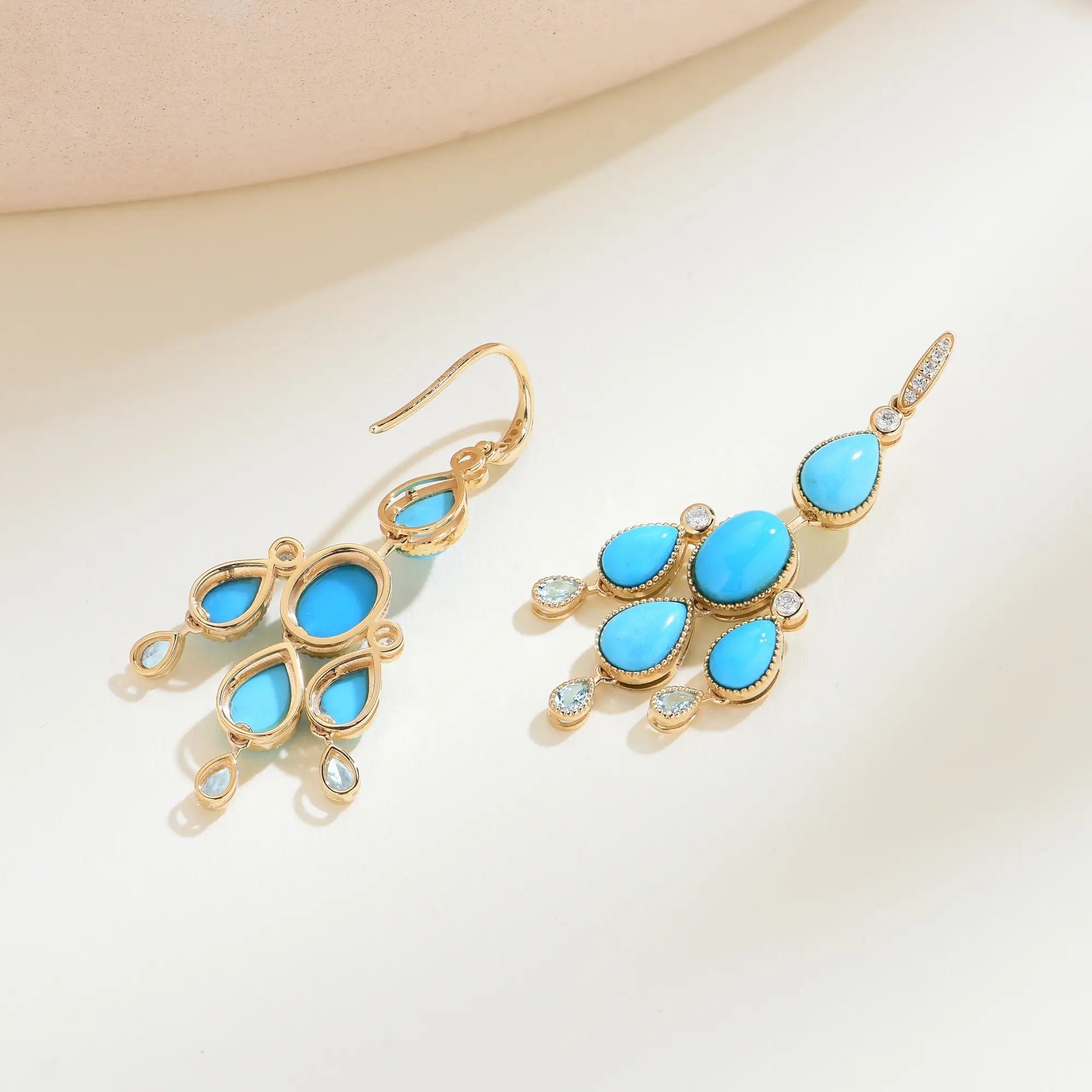 Natural Turquoise Aquamarine Diamond Chandelier Drop Earrings 14k yellow gold