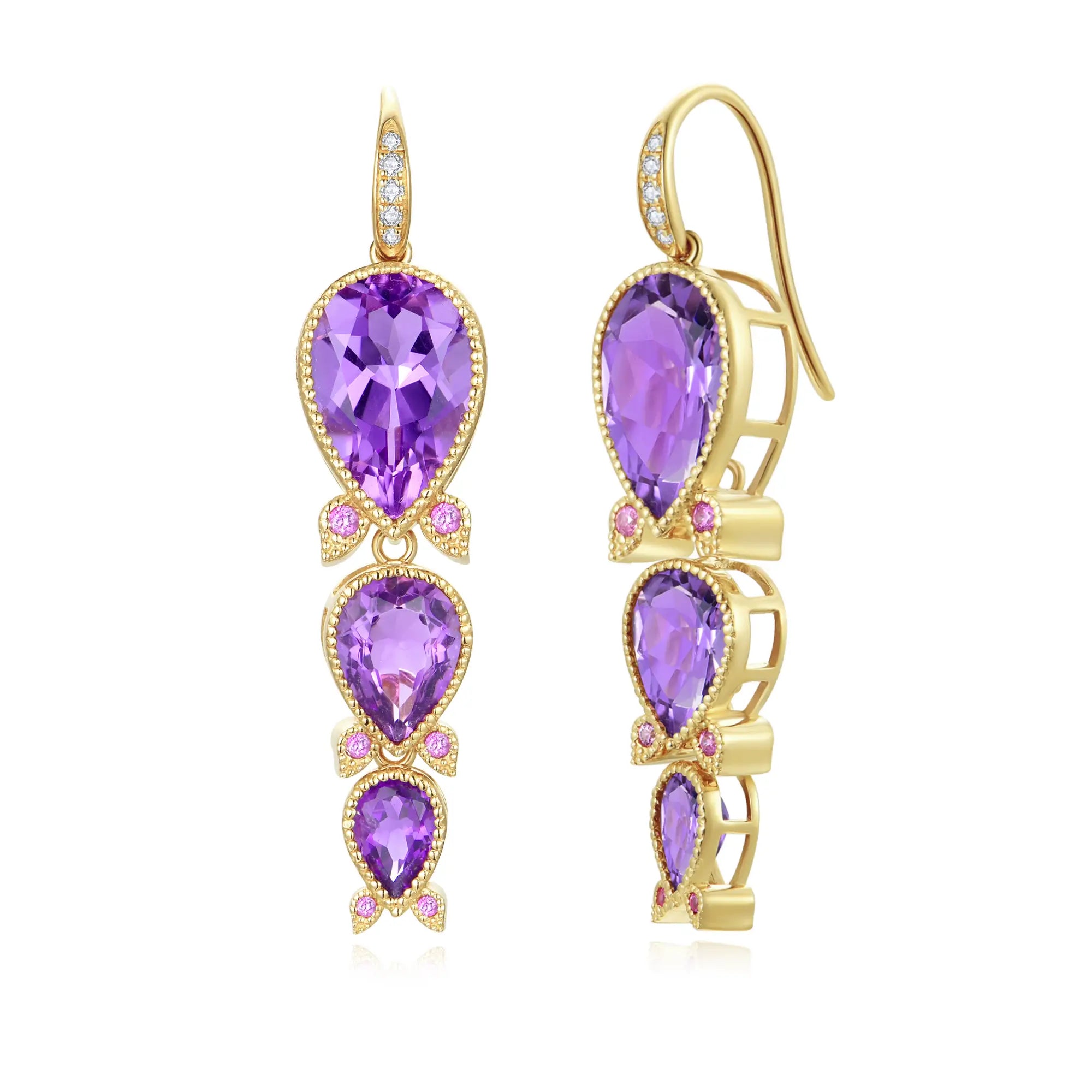 Lily of the Valley Natural Purple Amethyst, Pink Sapphire & Diamond Drop Earrings 14k yellow gold
