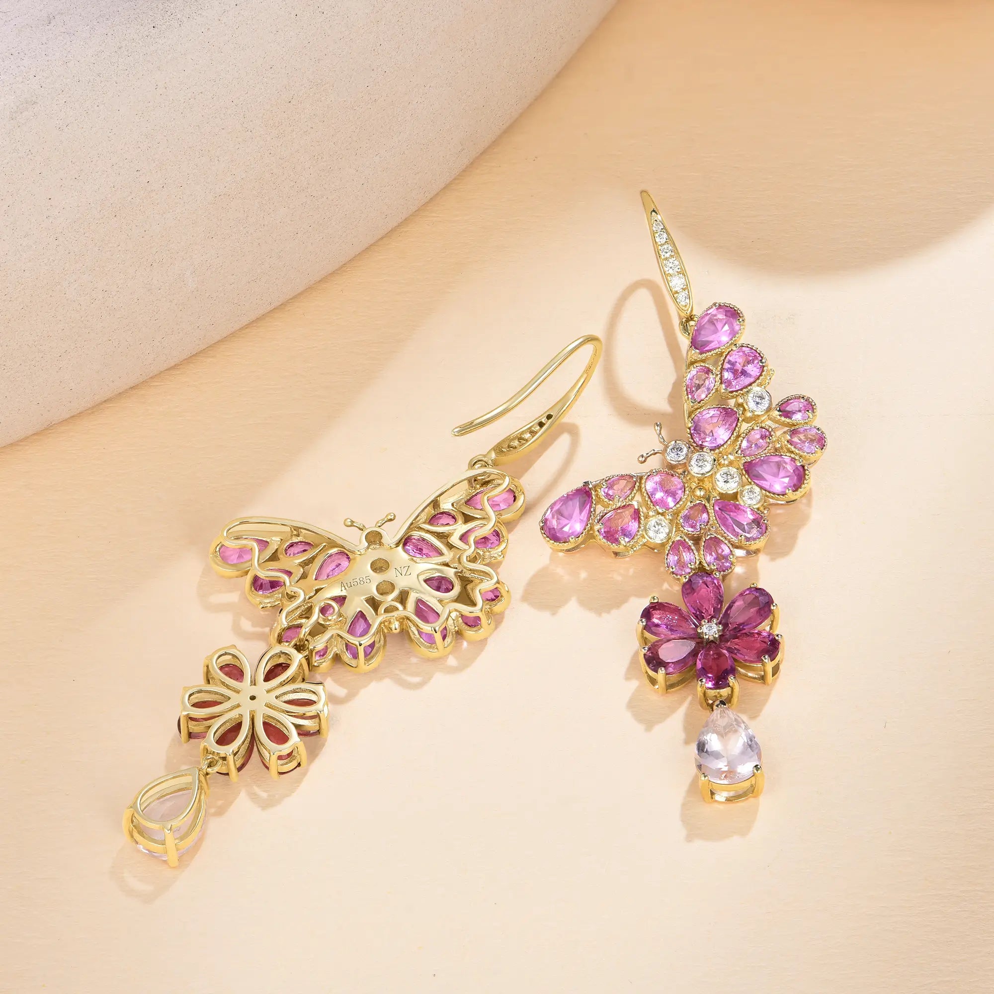 Butterfly Blossom Natural Pink Sapphire, Tourmaline, Morganite & Diamond Convertible Drop Earrings 14k yellow gold