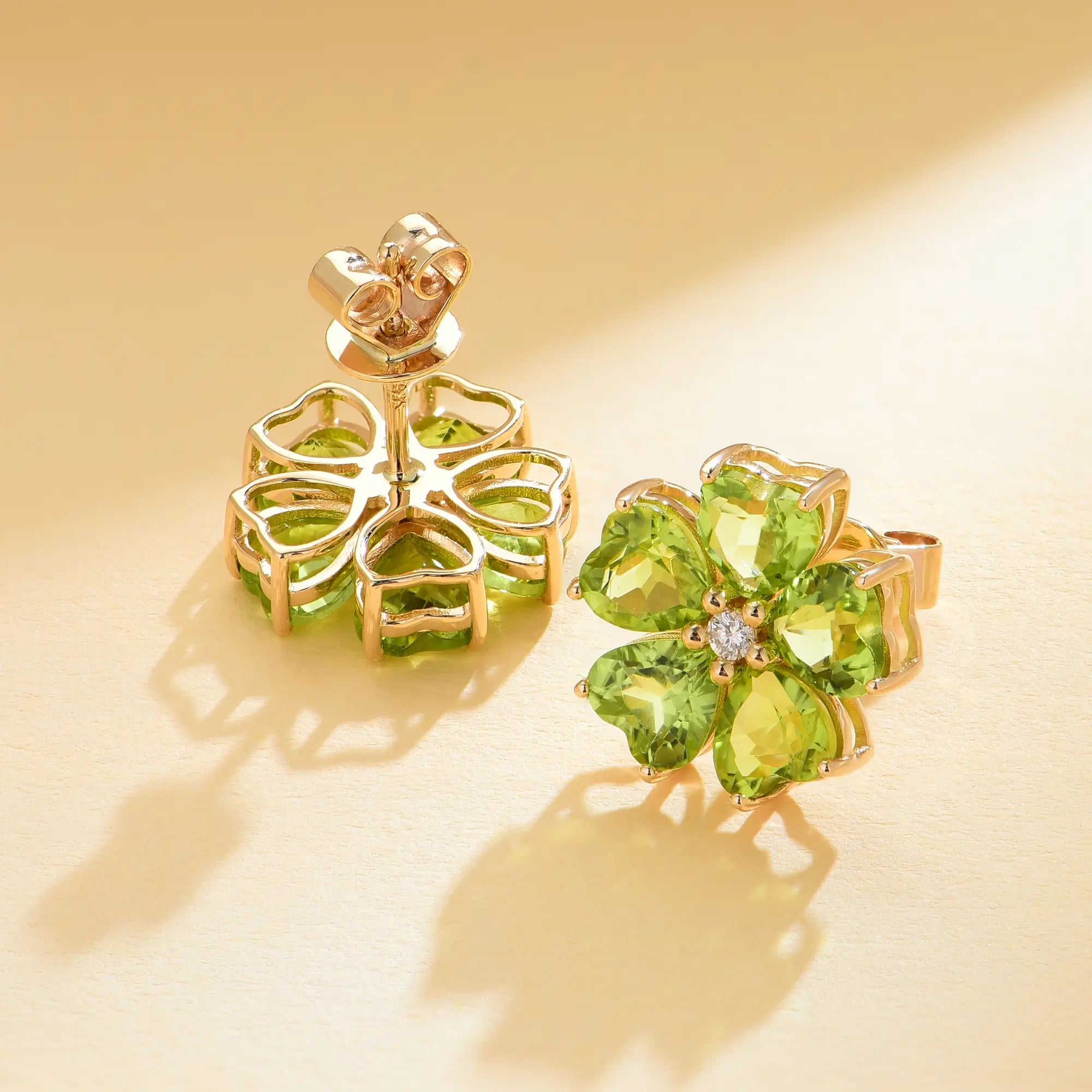 Natural Peridot Diamond Cherry Blossom Earrings 14k yellow gold