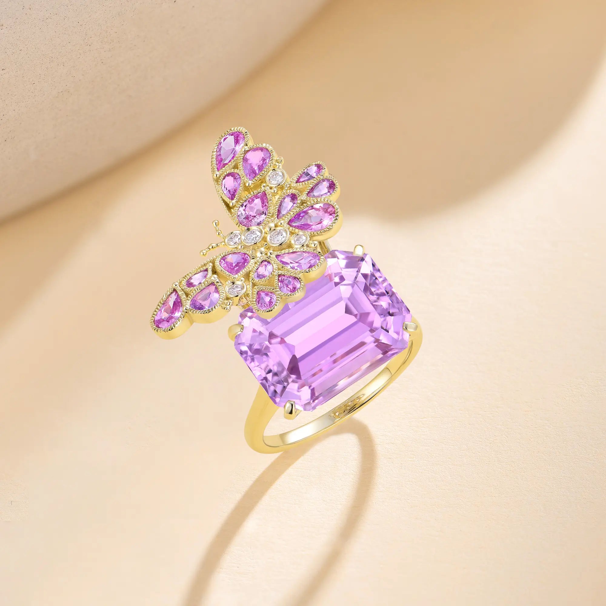 Nina Zhou Jewelry Natural Pink Sapphire Diamond Butterfly on Kunzite Ring in 14k yellow gold  (One Of A Kind)