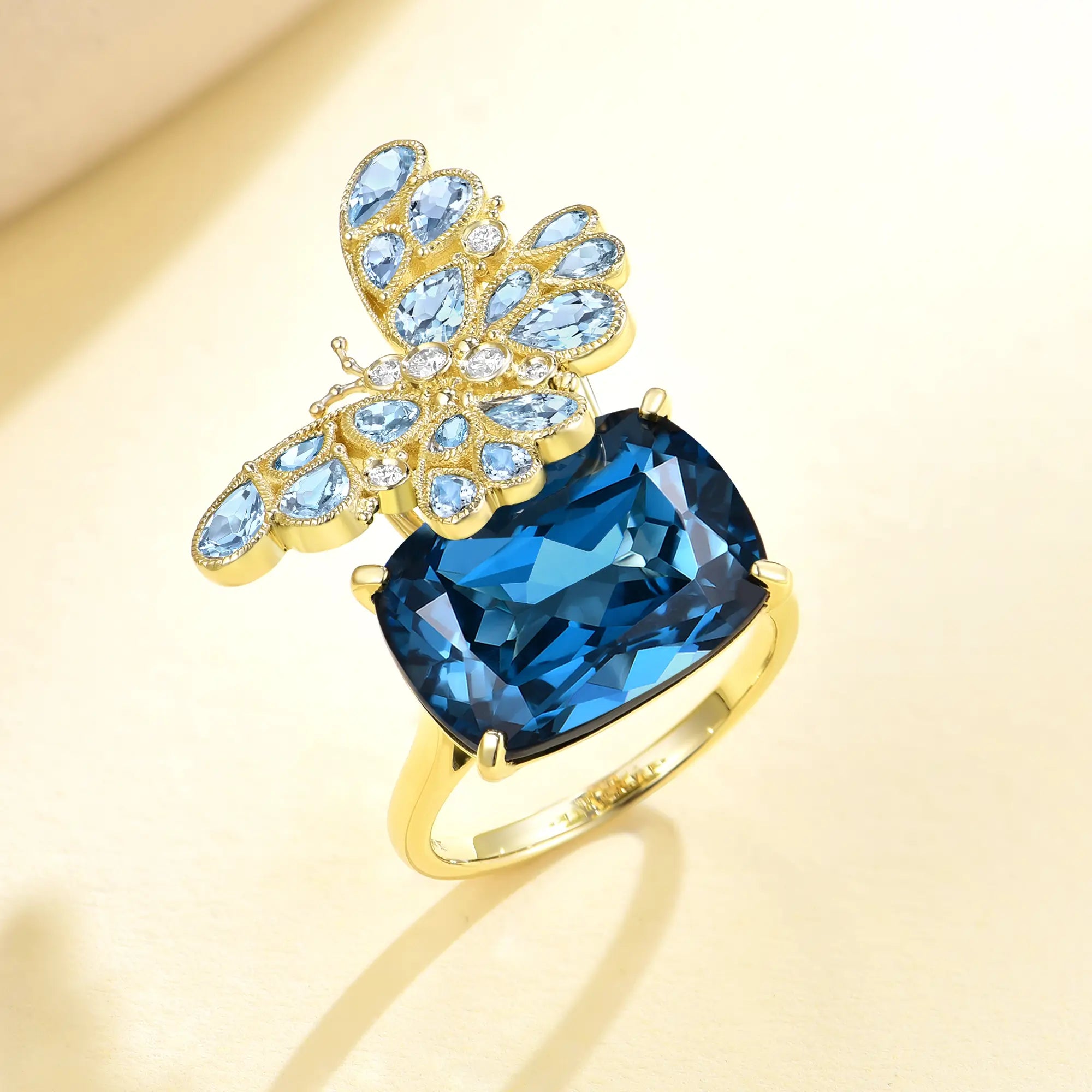 Natural Aquamarine & Diamond Butterfly on 13.4ctw London Blue Topaz Cocktail Ring in 14k yellow gold