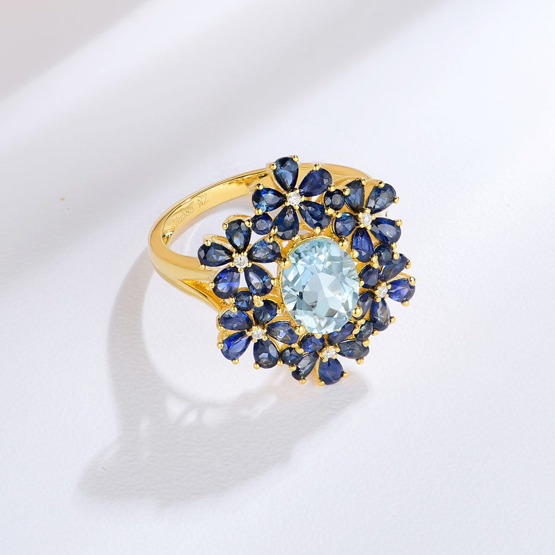 14k yellow gold natural Aquamarine Sapphire Diamond Blossom Cocktail Ring