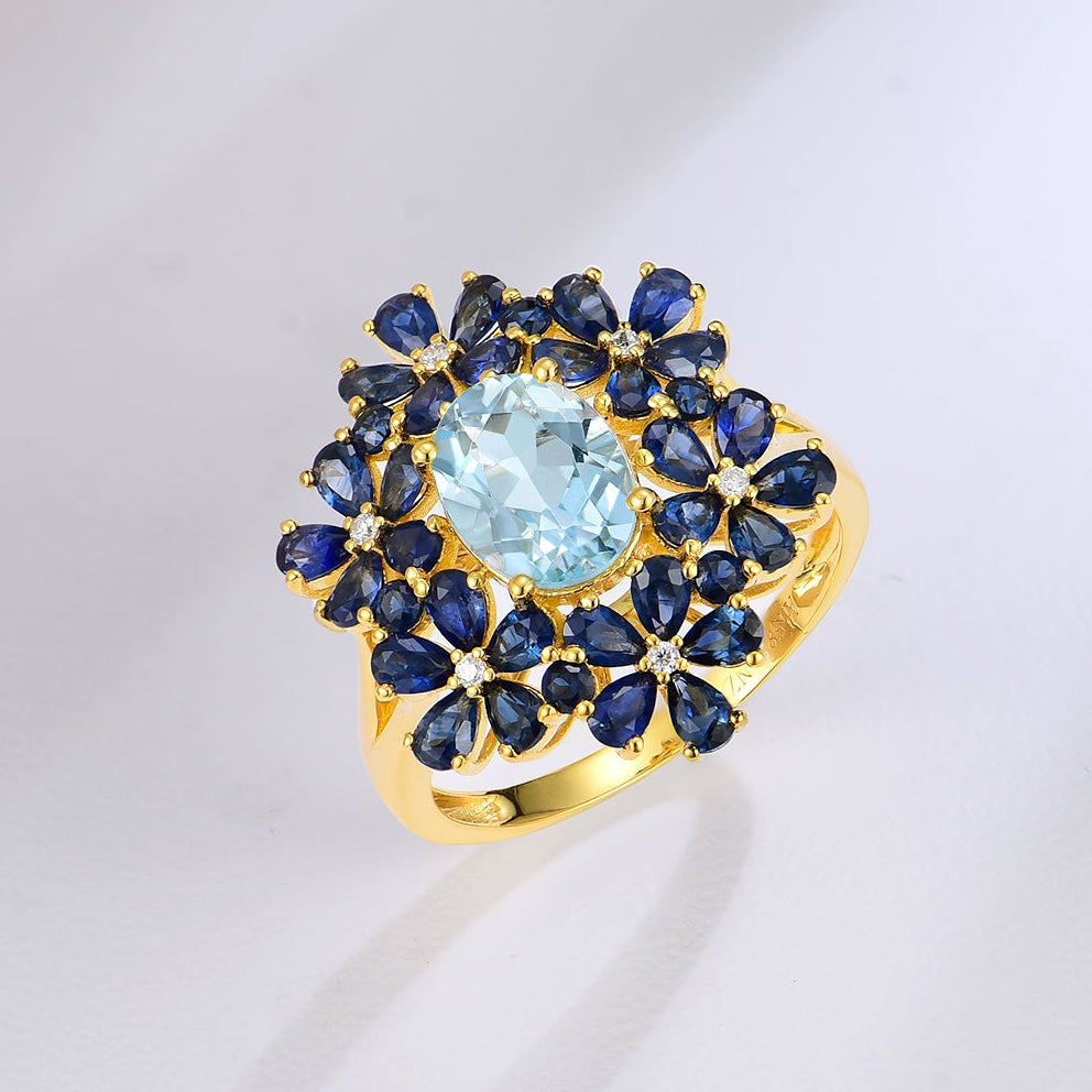 14k yellow gold natural Aquamarine Sapphire Diamond Blossom Cocktail Ring