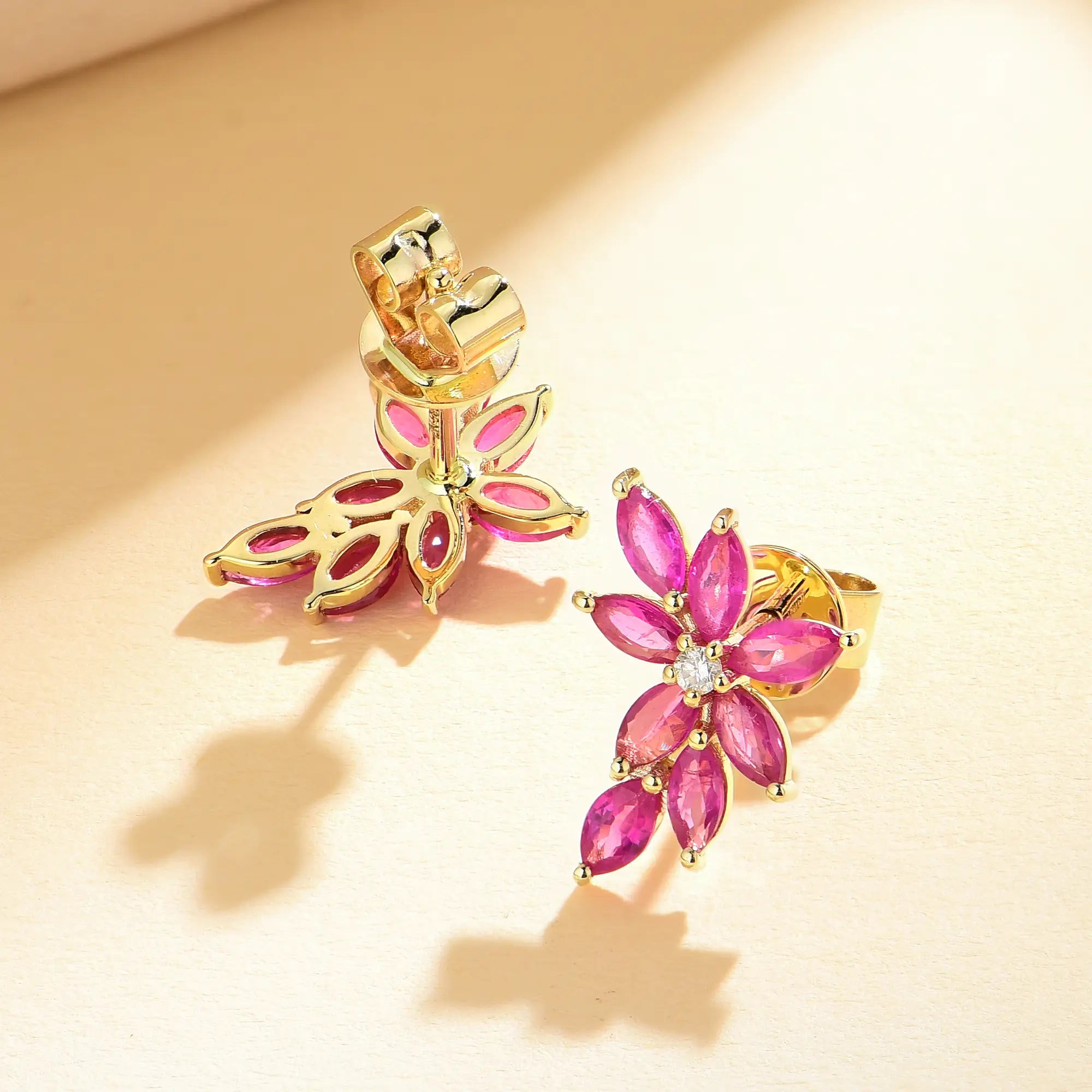 Natural Marquise Pink Sapphire Diamond Cluster Earrings 14k yellow gold