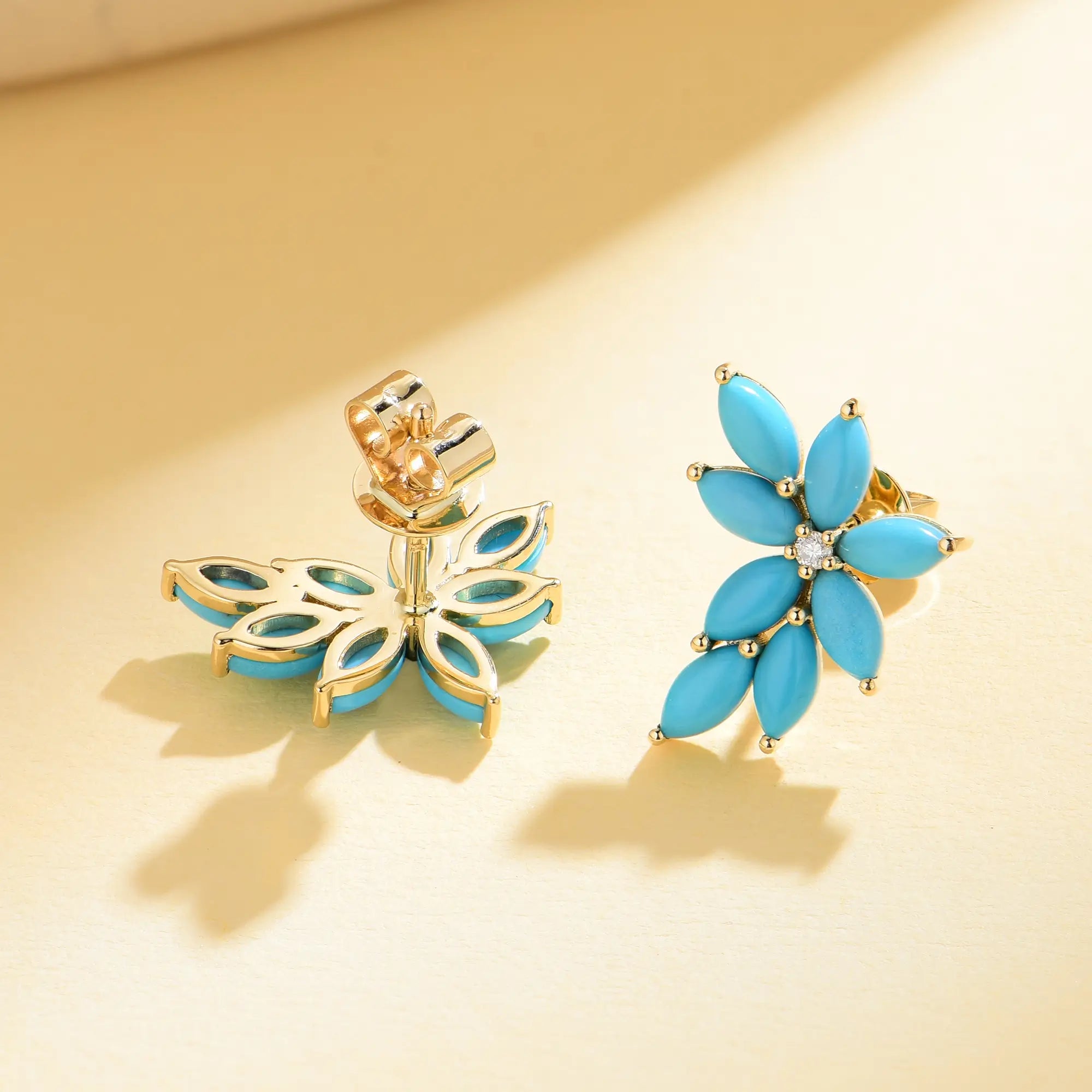 Natural Turquoise Diamond Cluster Earrings 14k yellow gold 