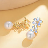 Natural Moonstone Diamond Double Blossom Baroque Pearl Convertible Drop Earrings 14k yellow gold