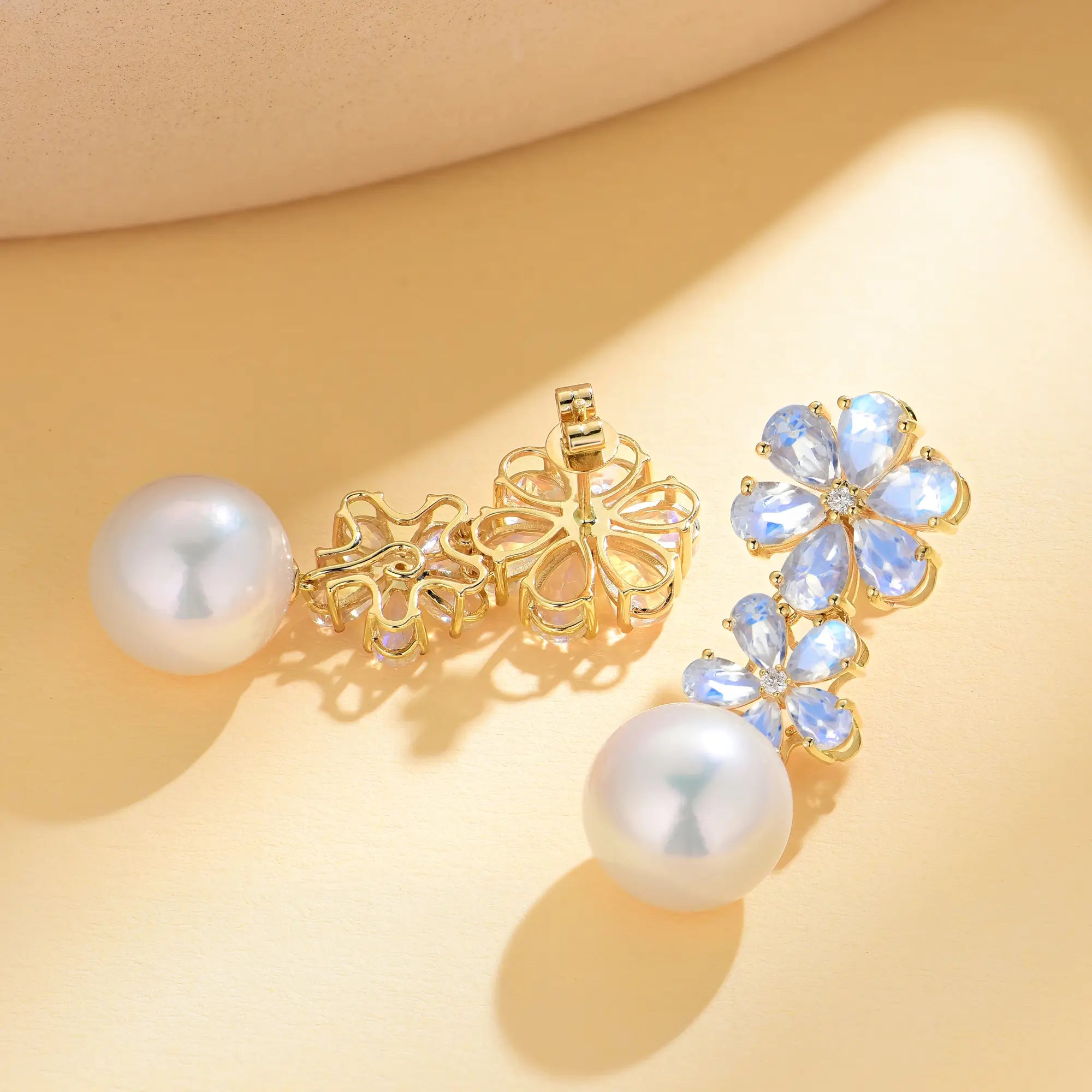 Natural Moonstone Diamond Double Blossom Baroque Pearl Convertible Drop Earrings 14k yellow gold