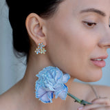 Aquamarine Moonstone Opal and Diamond Flower Blossom Earrings
