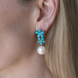 Turquoise Diamond Double Blossom Pearl Convertible Drop Earrings