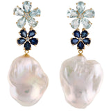 Aquamarine Sapphire Diamond Double Blossom Baroque Pearl Convertible Drop Earrings