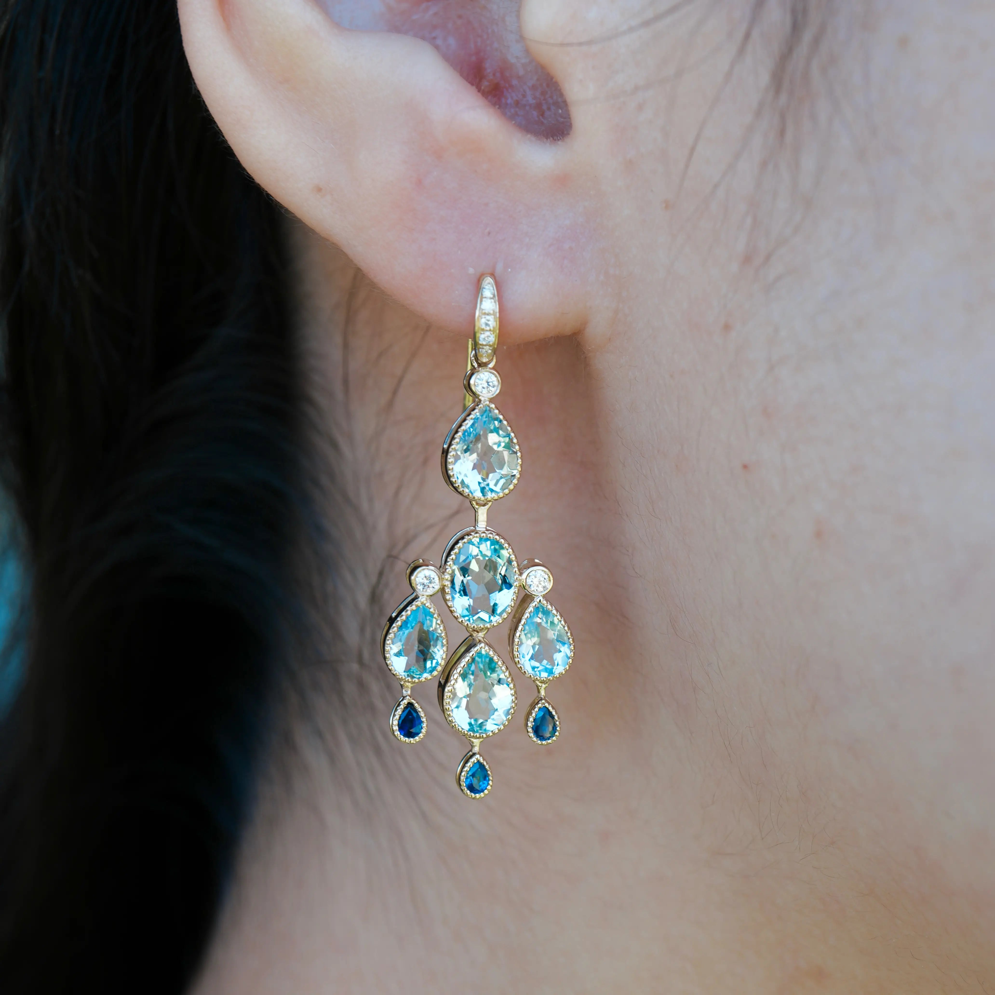 Aquamarine Sapphire Diamond Chandelier Drop Earrings