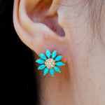Sunflower Natural Turquoise Diamond Earrings 14k yellow gold 