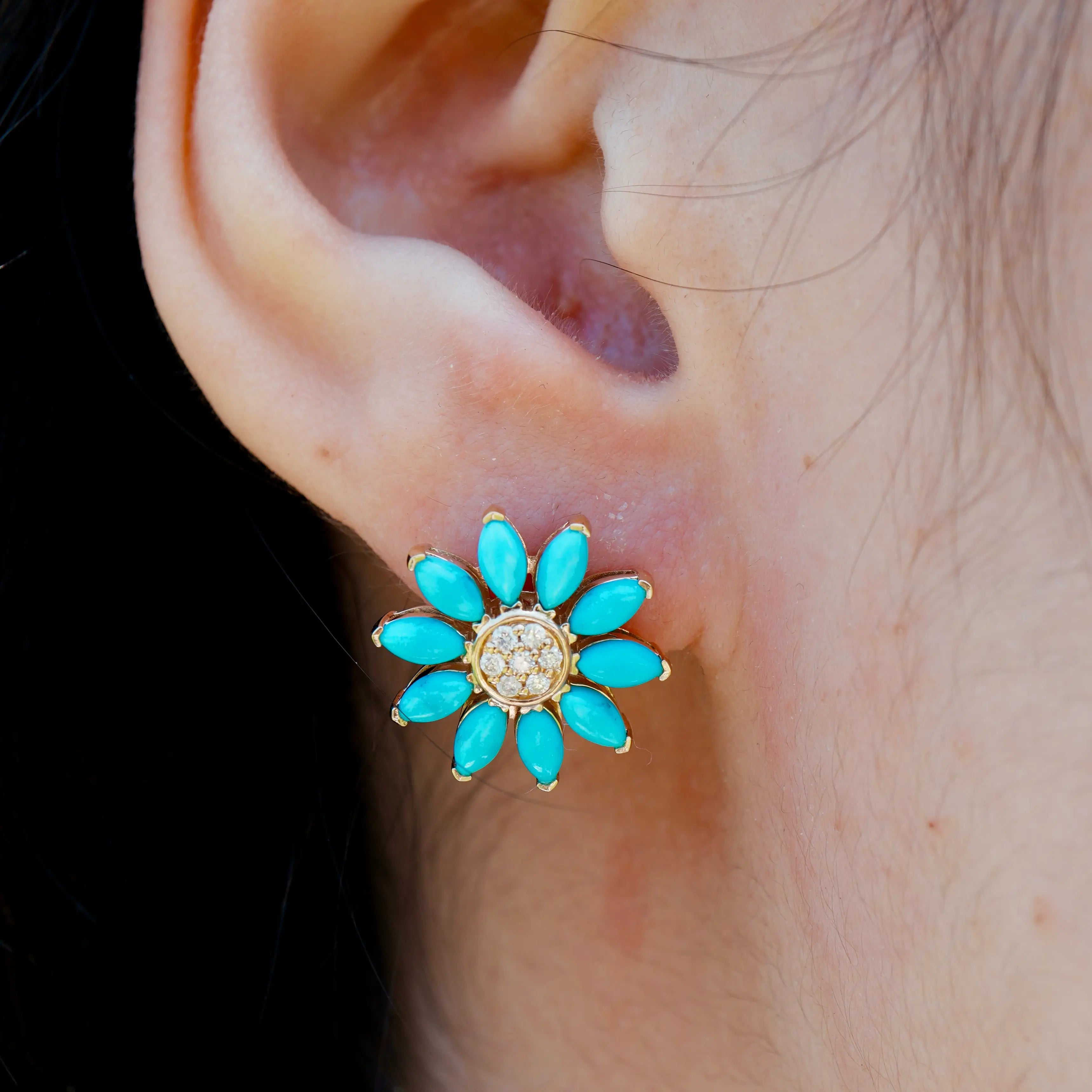 Sunflower Natural Turquoise Diamond Earrings 14k yellow gold 