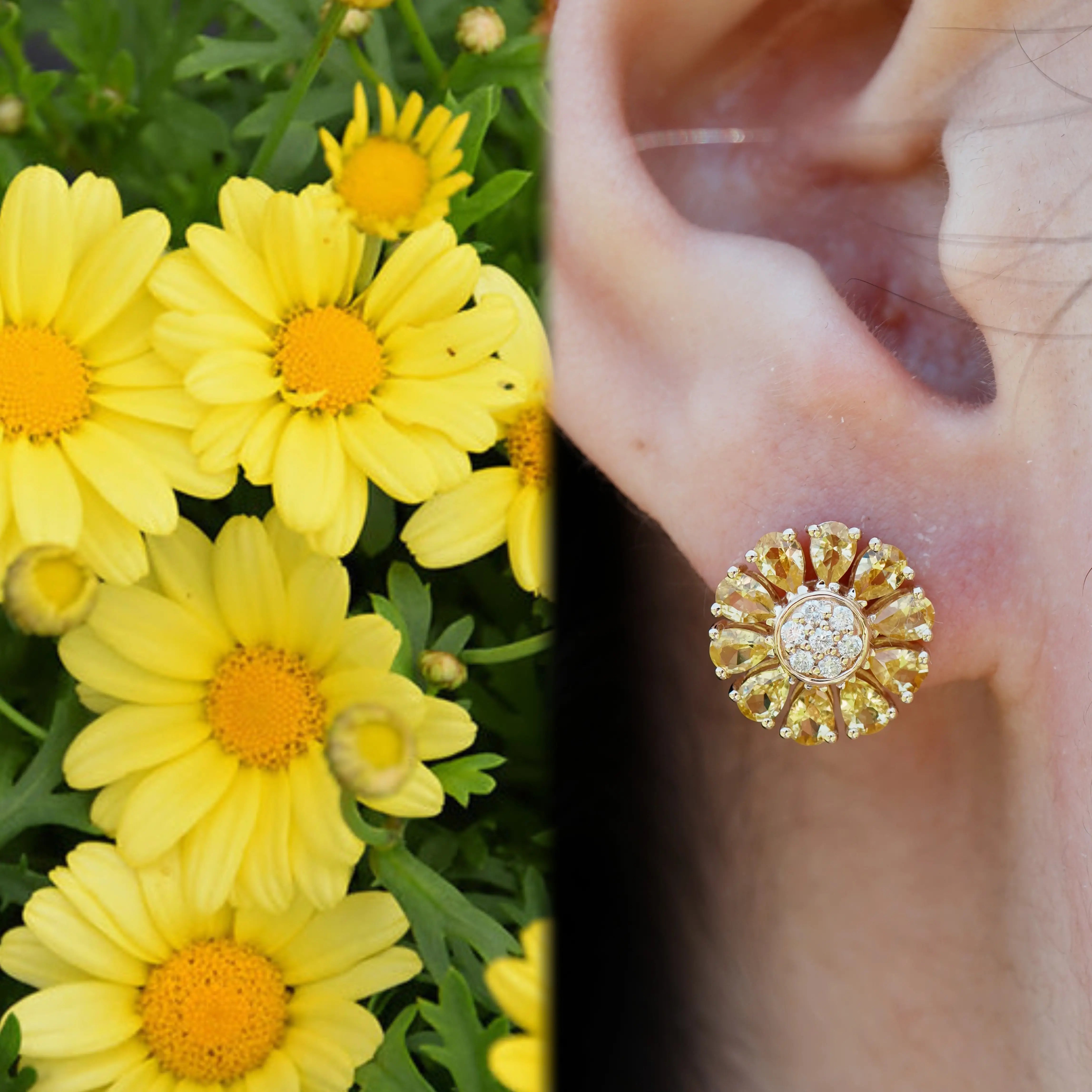 Sunflower Natural Yellow Sapphire Diamond Earrings 14k yellow gold
