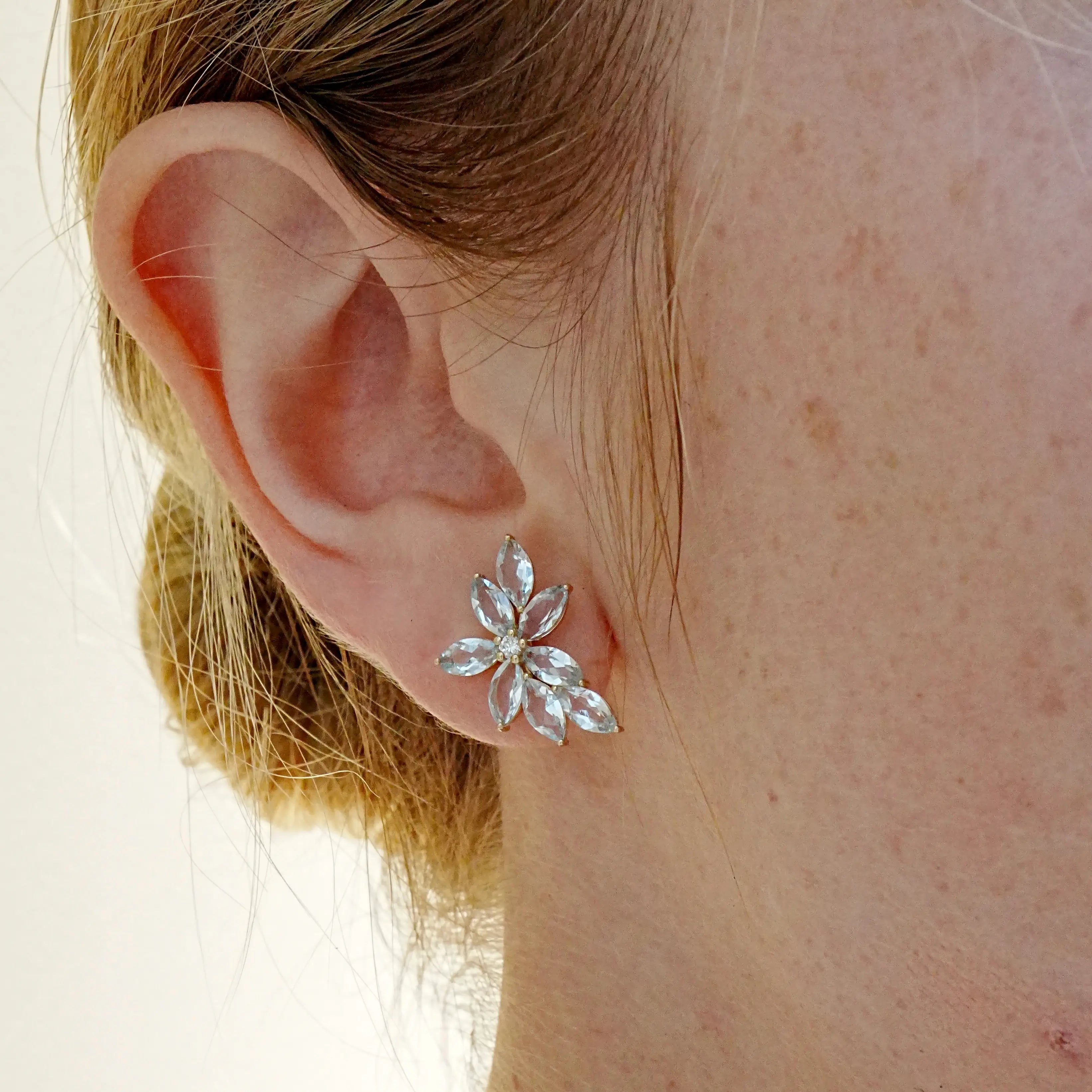 natural Aquamarine Diamond Cluster Earrings 14k yellow gold 