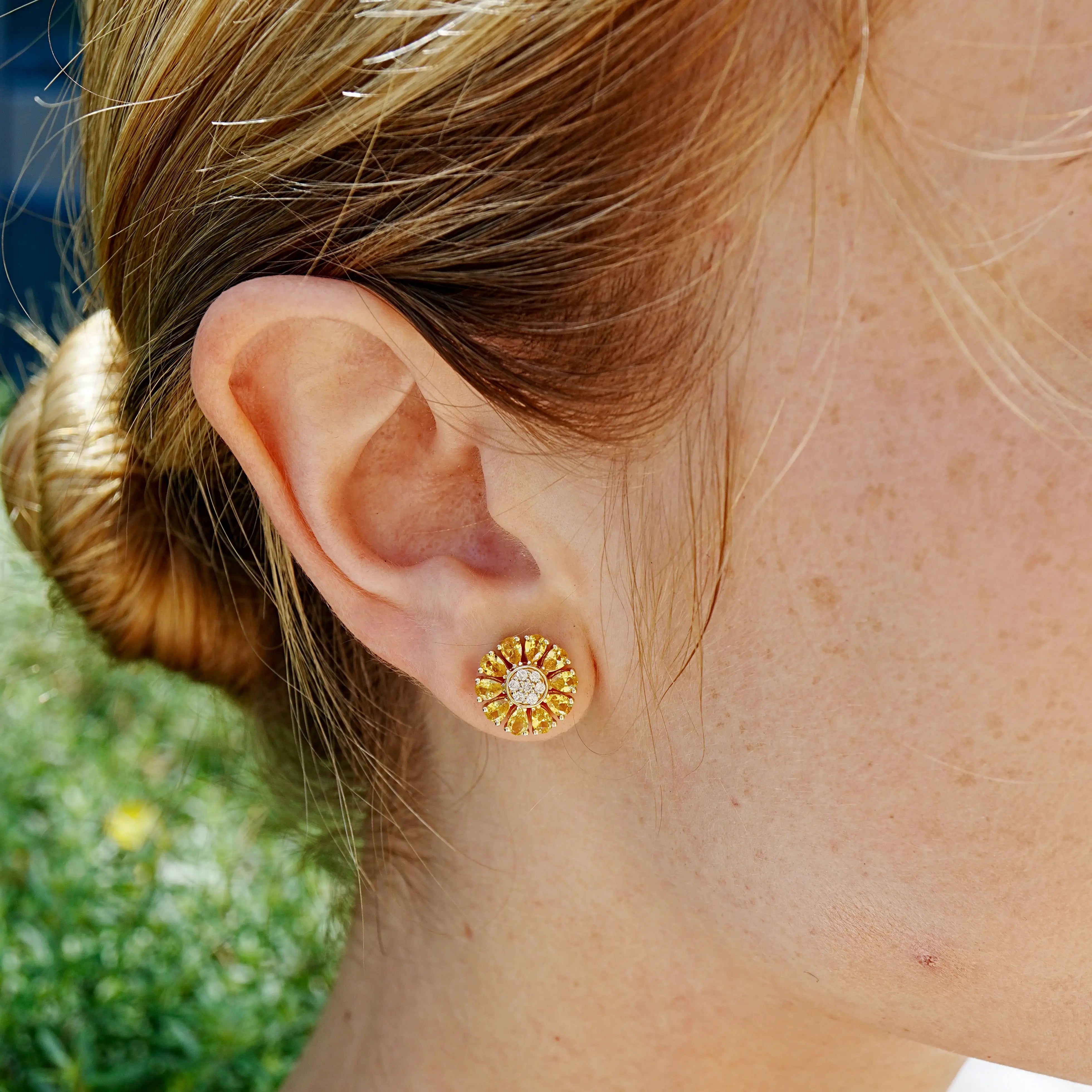 Sunflower Natural Yellow Sapphire Diamond Earrings 14k yellow gold