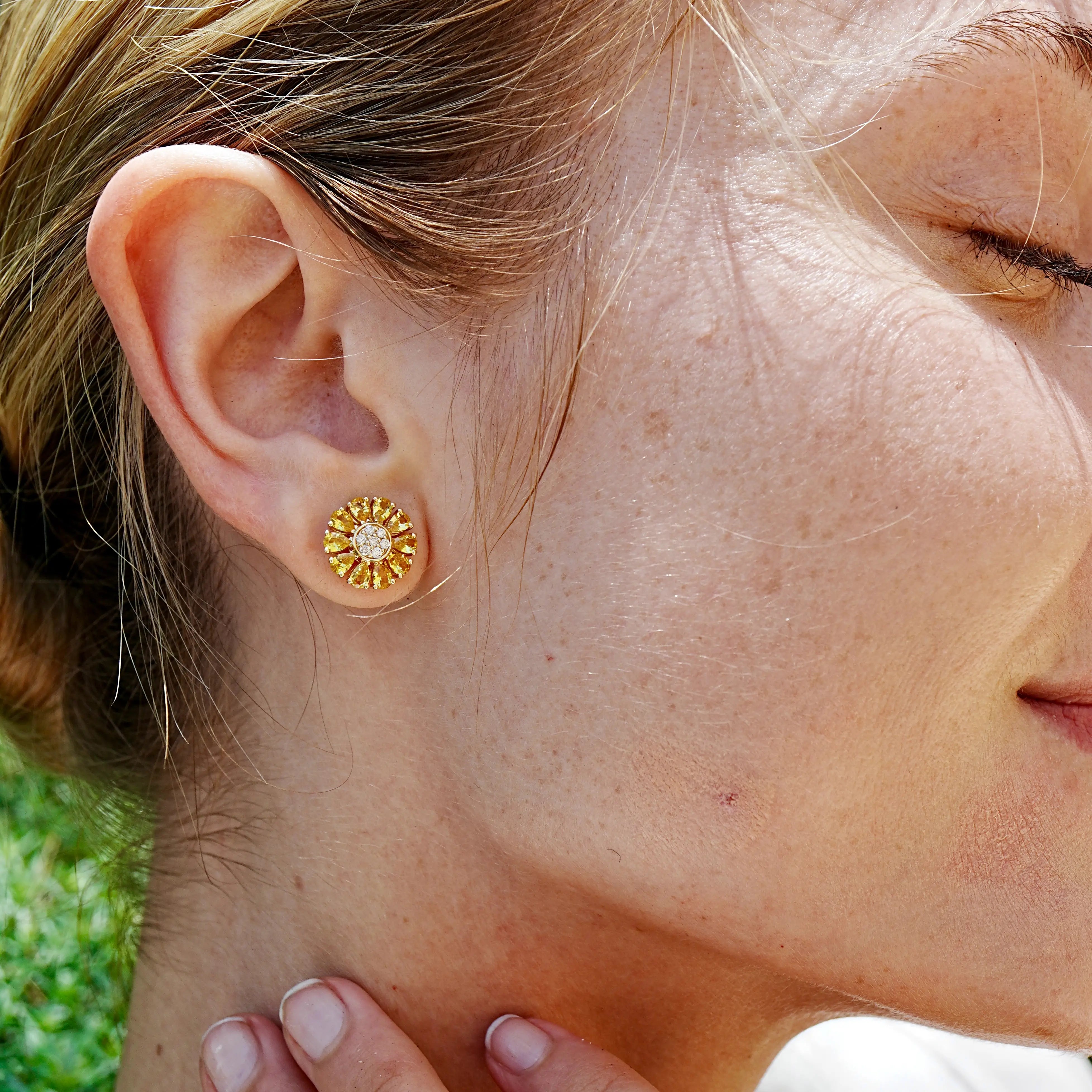 Sunflower Natural Yellow Sapphire Diamond Earrings 14k yellow gold