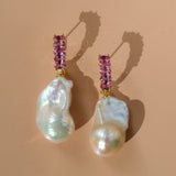 Sarah Pink Sapphire Huggie Earrings with Baroque Pearl Drop Enhancers