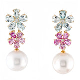 Aquamarine Pink Sapphire Diamond Double Blossom Pearl Convertible Drop Earrings