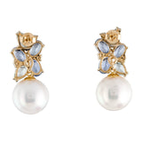 Elizabeth Sapphire, Aquamarine and Diamond Cluster Pearl Drop Earrings