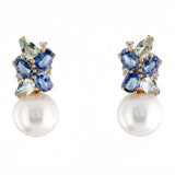 Elizabeth Sapphire, Aquamarine and Diamond Cluster Pearl Drop Earrings