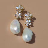 Moonstone Diamond Double Blossom Pearl Convertible Drop Earrings