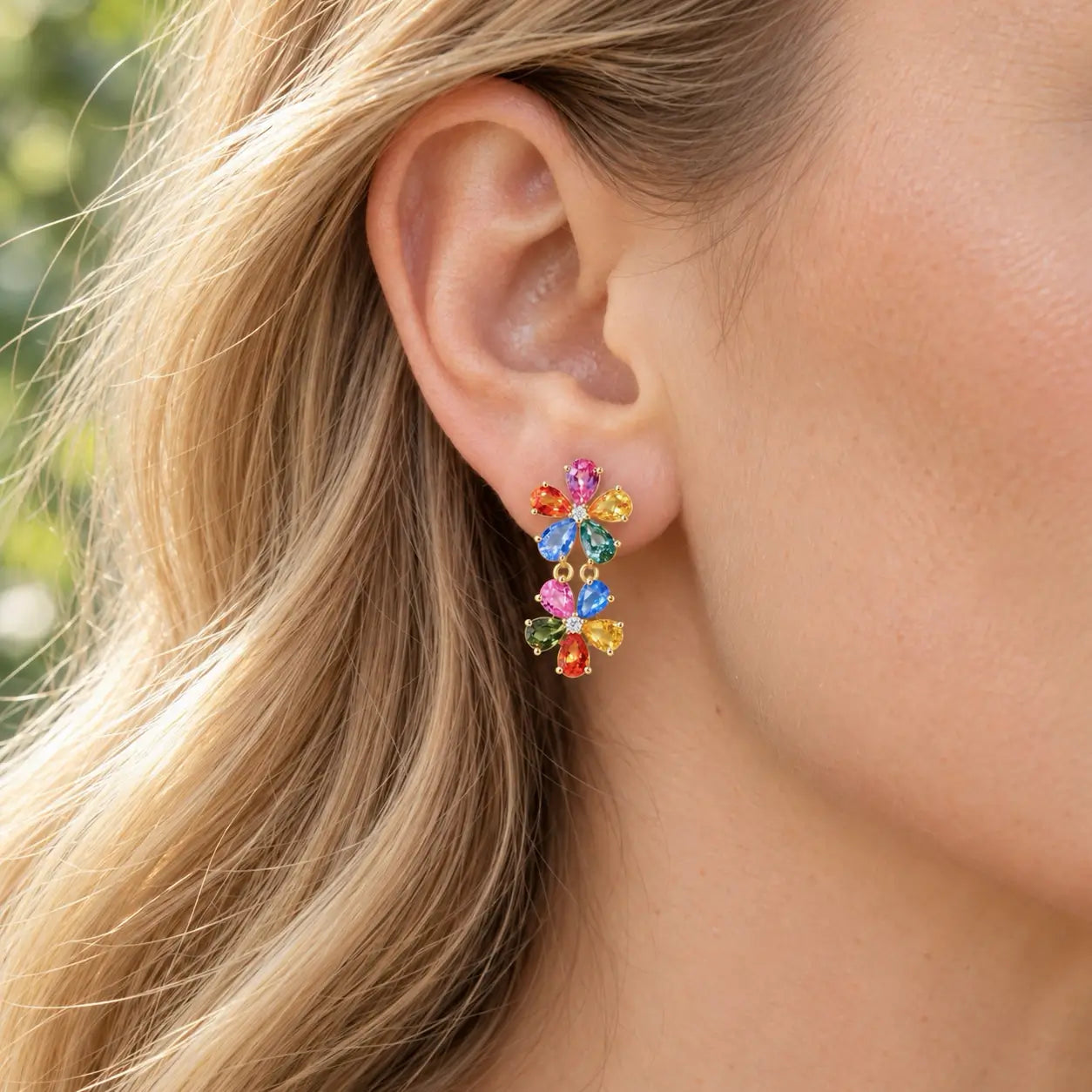 14k yellow gold Nina Zhou x Kai Double Blossom 7.04 ctw Natural Rainbow Sapphire & Diamond Drop Earrings (One-of-a-Kind)
