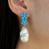 Turquoise Diamond Double Blossom Baroque Pearl Convertible Drop Earrings