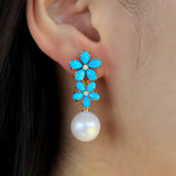 Turquoise Diamond Double Blossom Pearl Convertible Drop Earrings