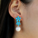 Turquoise Diamond Double Blossom Pearl Convertible Drop Earrings