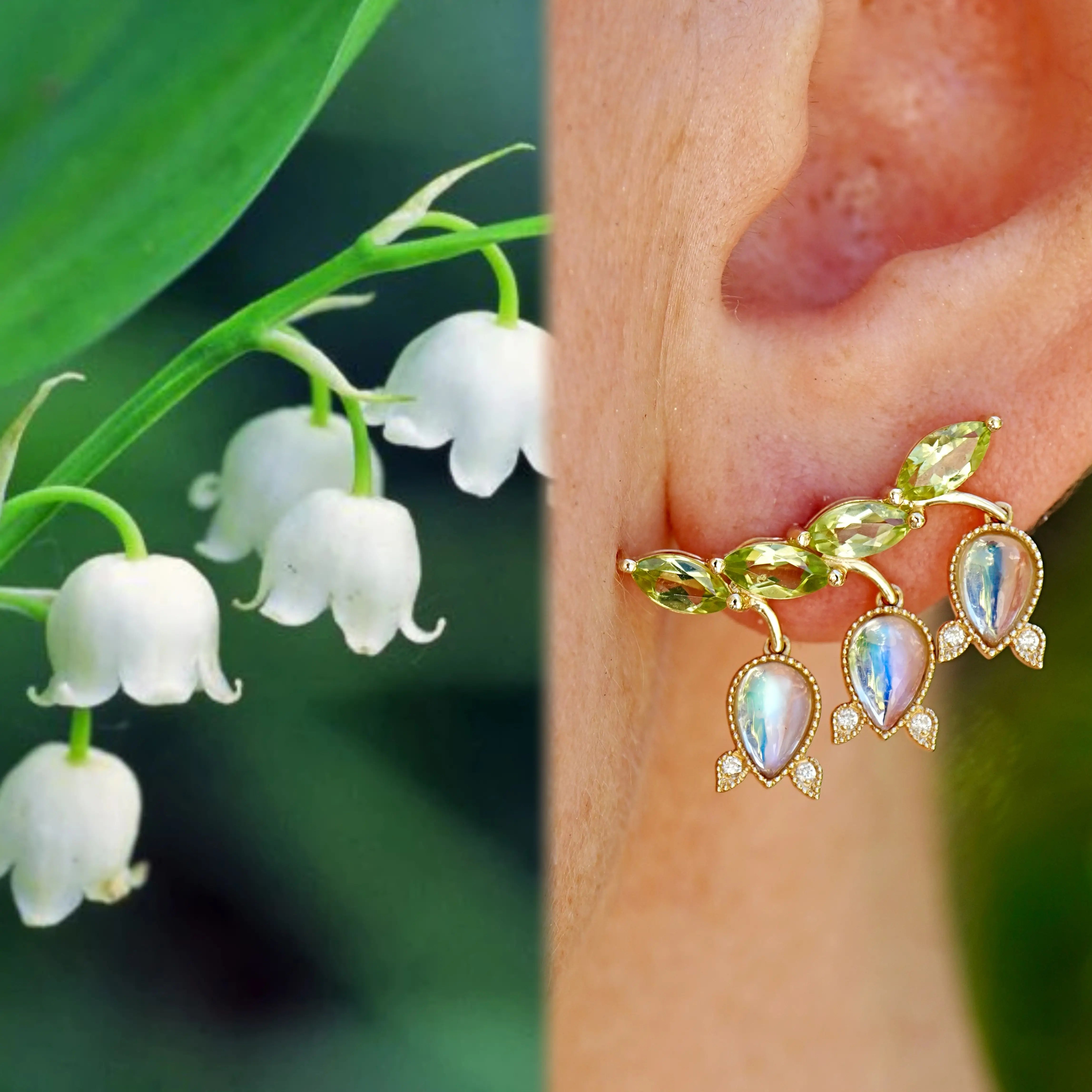 Lily of the Valley Natural Moonstone Peridot Diamond Earrings 14k yellow gold