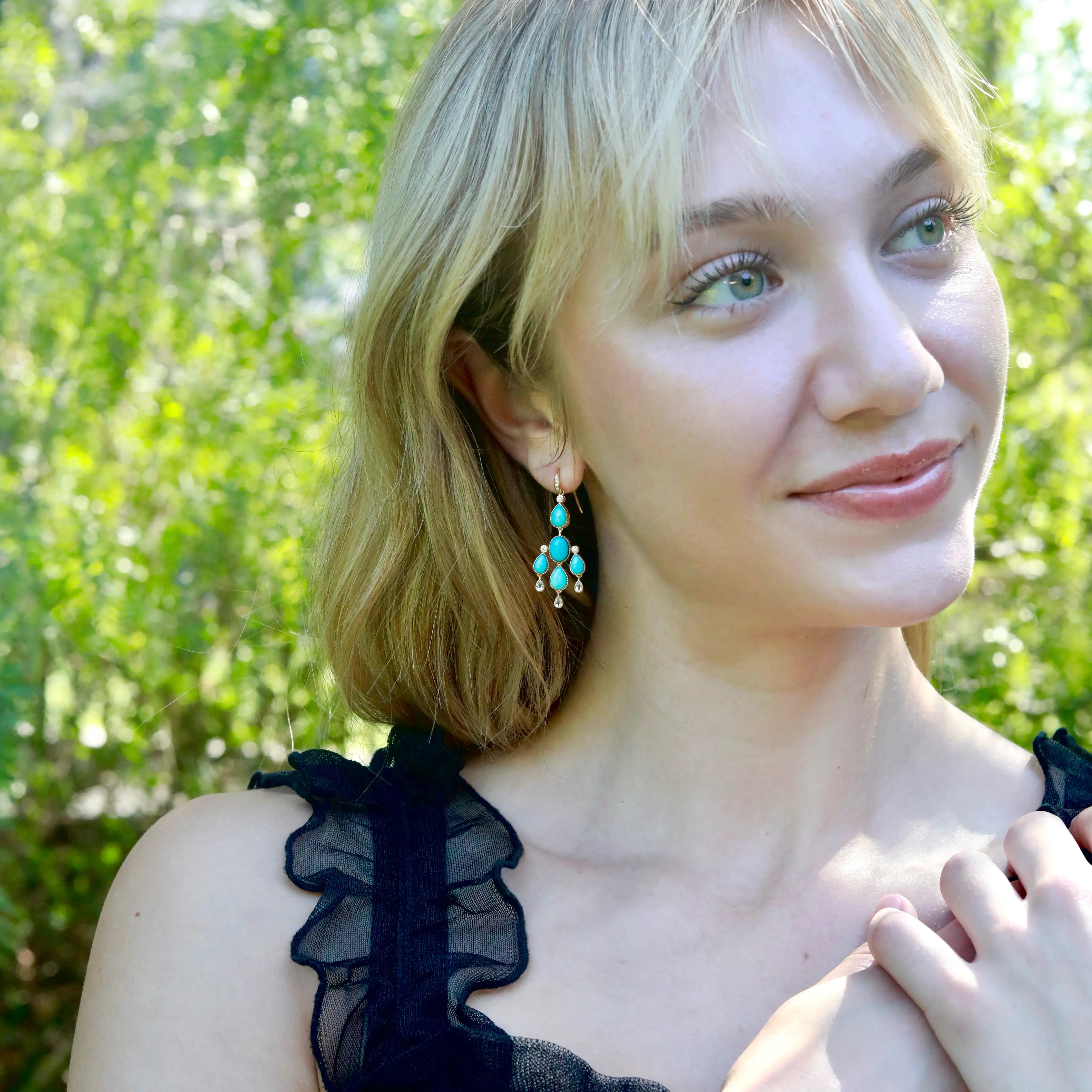 Natural Turquoise Aquamarine Diamond Chandelier Drop Earrings 14k yellow gold
