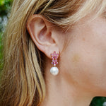 Pink Sapphire Diamond Double Blossom Pearl Convertible Drop Earrings 14k yellow gold
