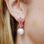 Pink Sapphire Diamond Double Blossom Pearl Convertible Drop Earrings 14k yellow gold