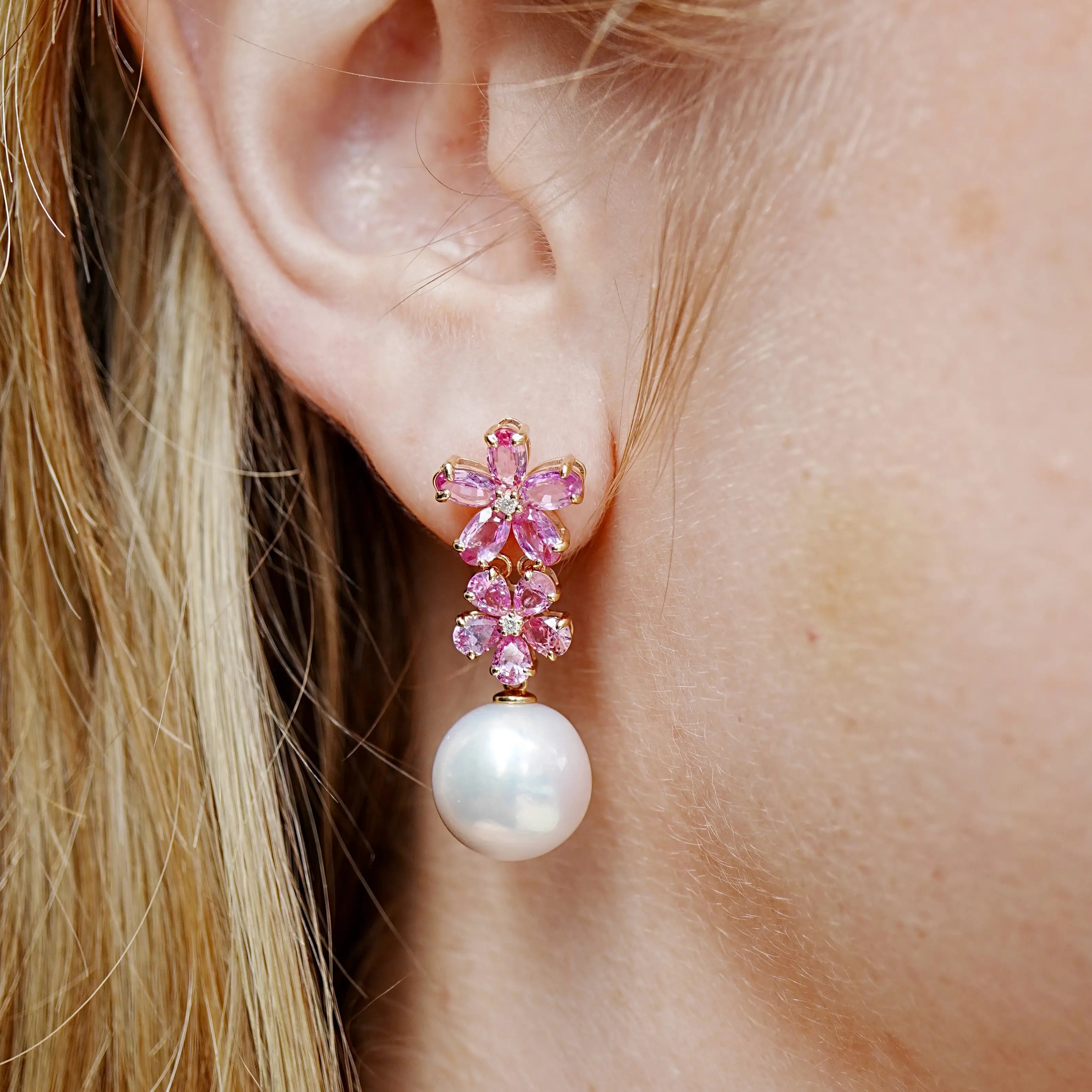 Pink Sapphire Diamond Double Blossom Pearl Convertible Drop Earrings 14k yellow gold