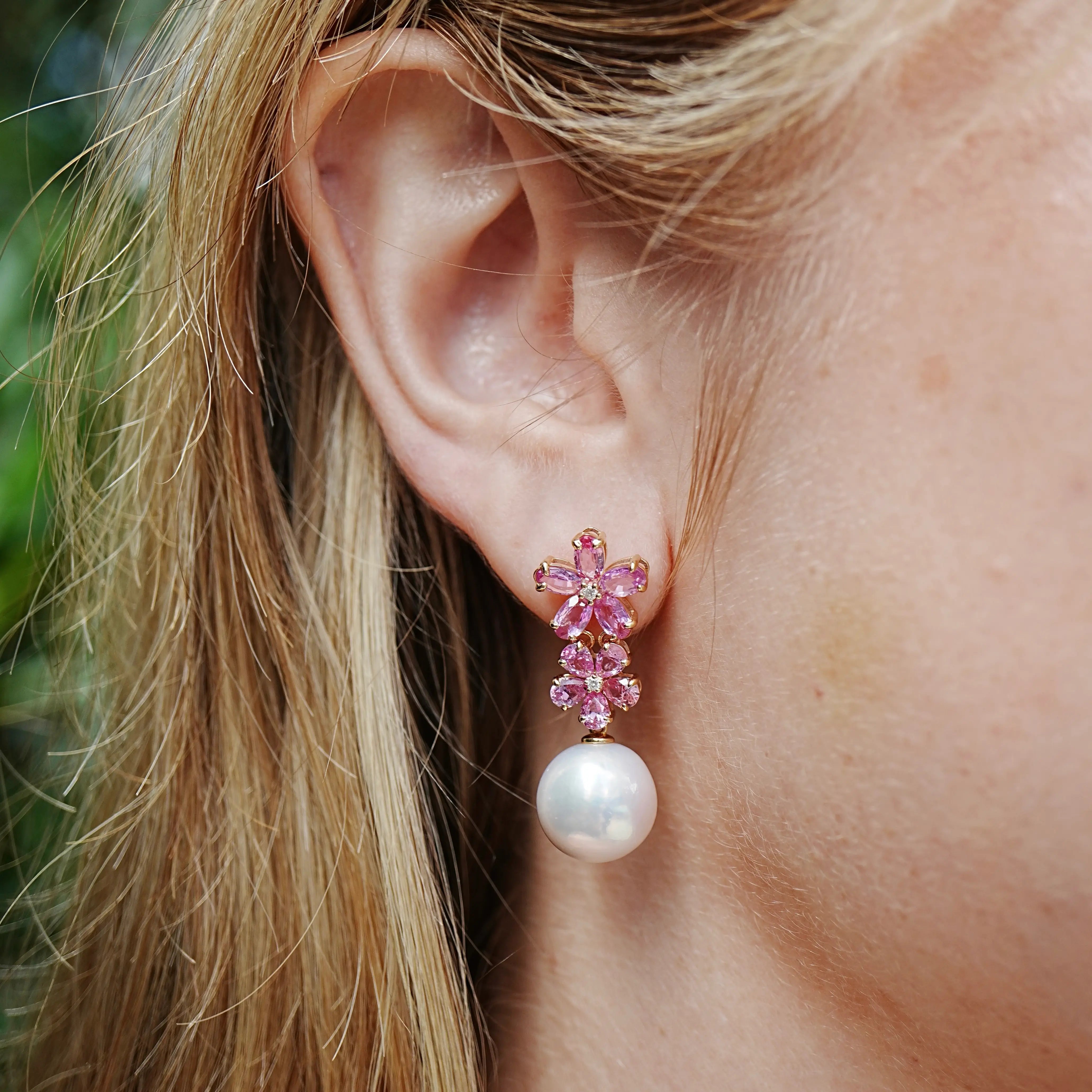 Pink Sapphire Diamond Double Blossom Pearl Convertible Drop Earrings 14k yellow gold