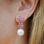 Pink Sapphire Diamond Double Blossom Pearl Convertible Drop Earrings 14k yellow gold