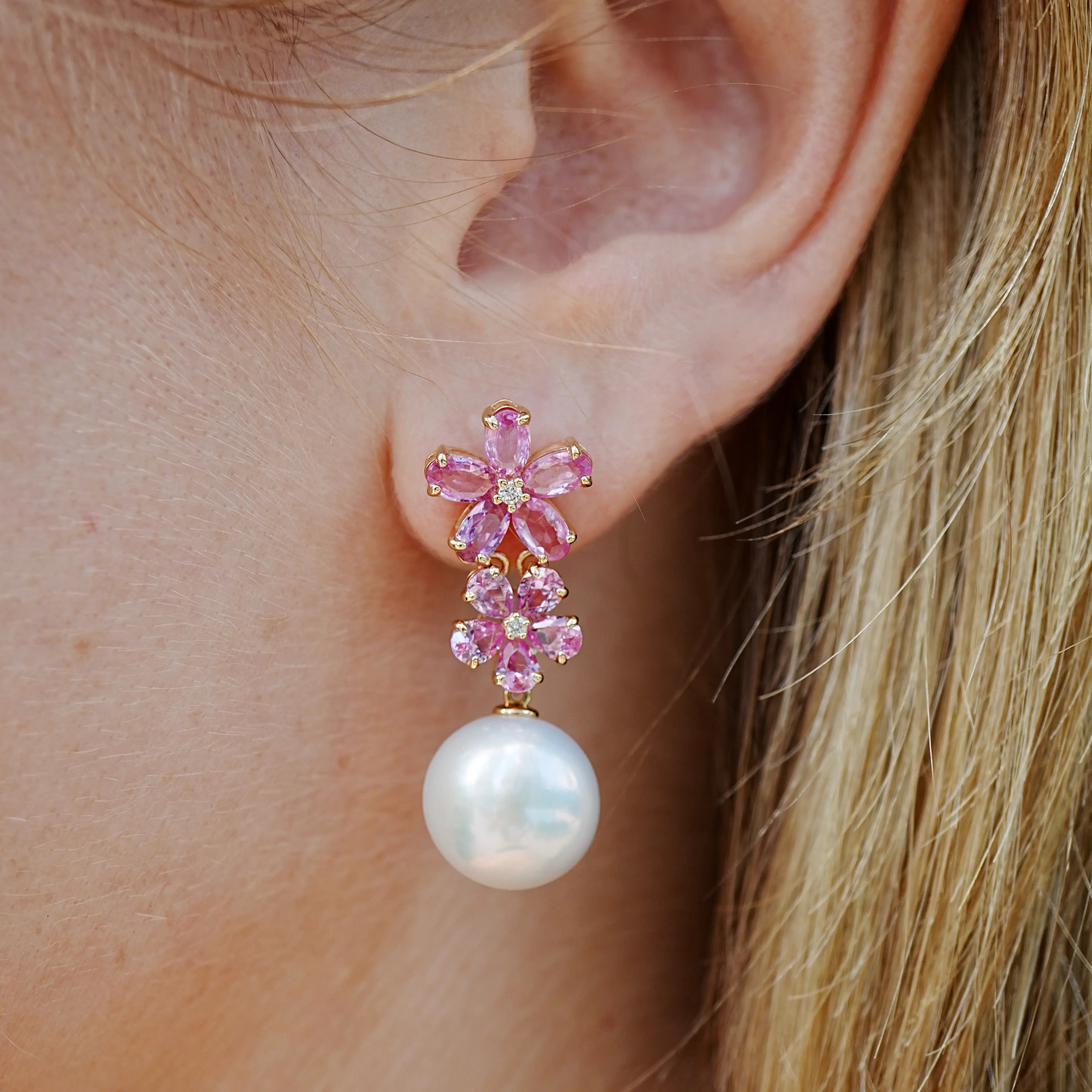 Pink Sapphire Diamond Double Blossom Pearl Convertible Drop Earrings 14k yellow gold