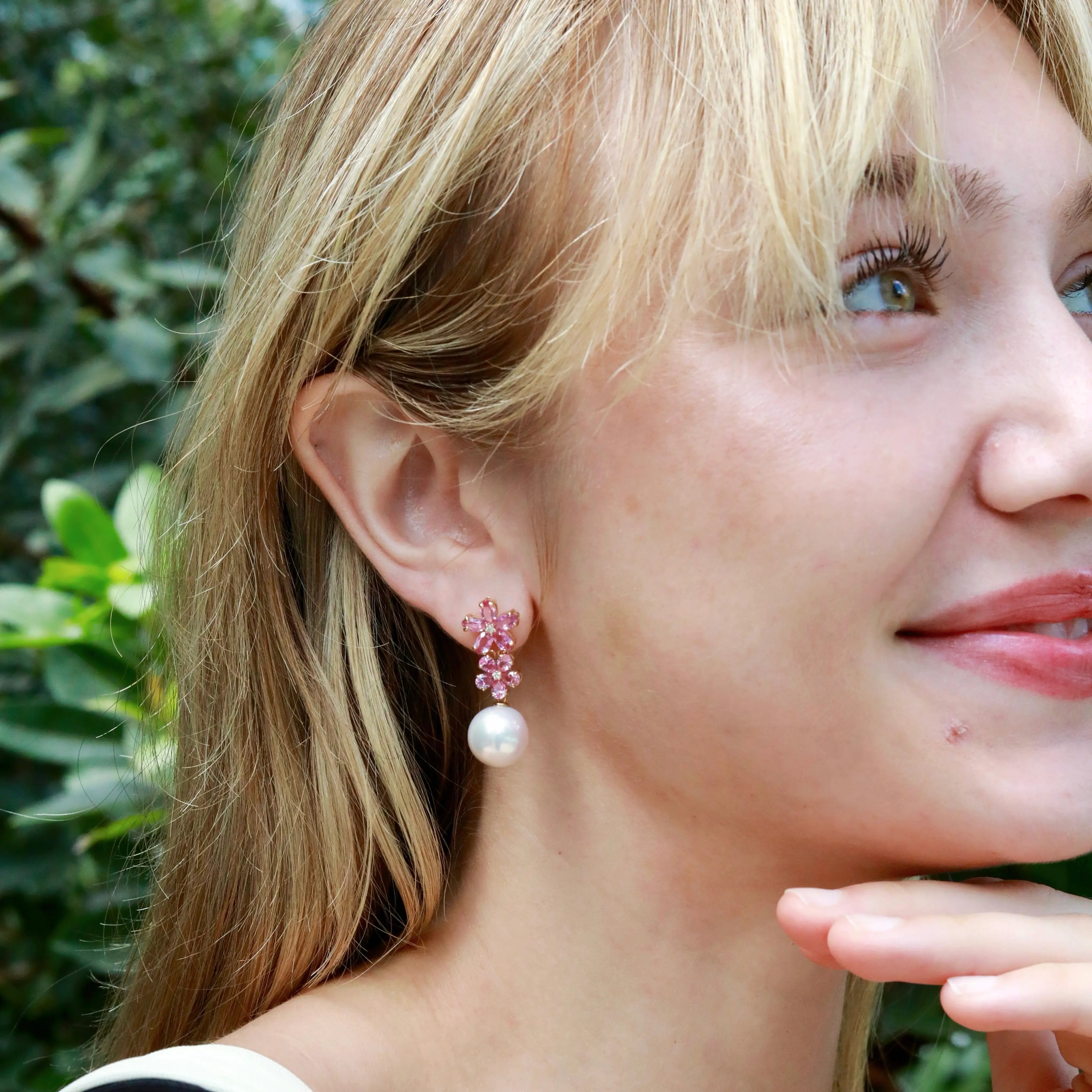 Pink Sapphire Diamond Double Blossom Pearl Convertible Drop Earrings 14k yellow gold