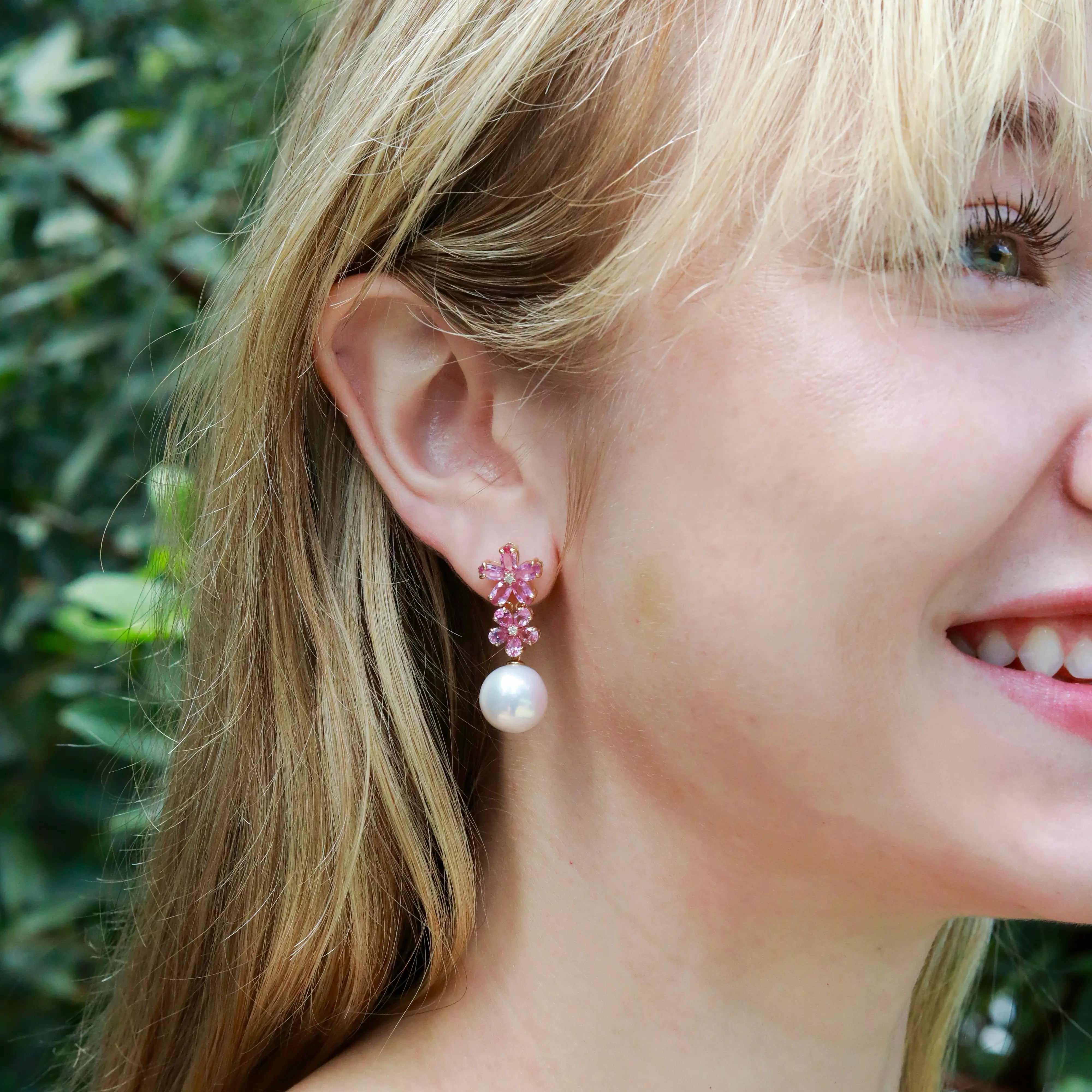 Pink Sapphire Diamond Double Blossom Pearl Convertible Drop Earrings 14k yellow gold